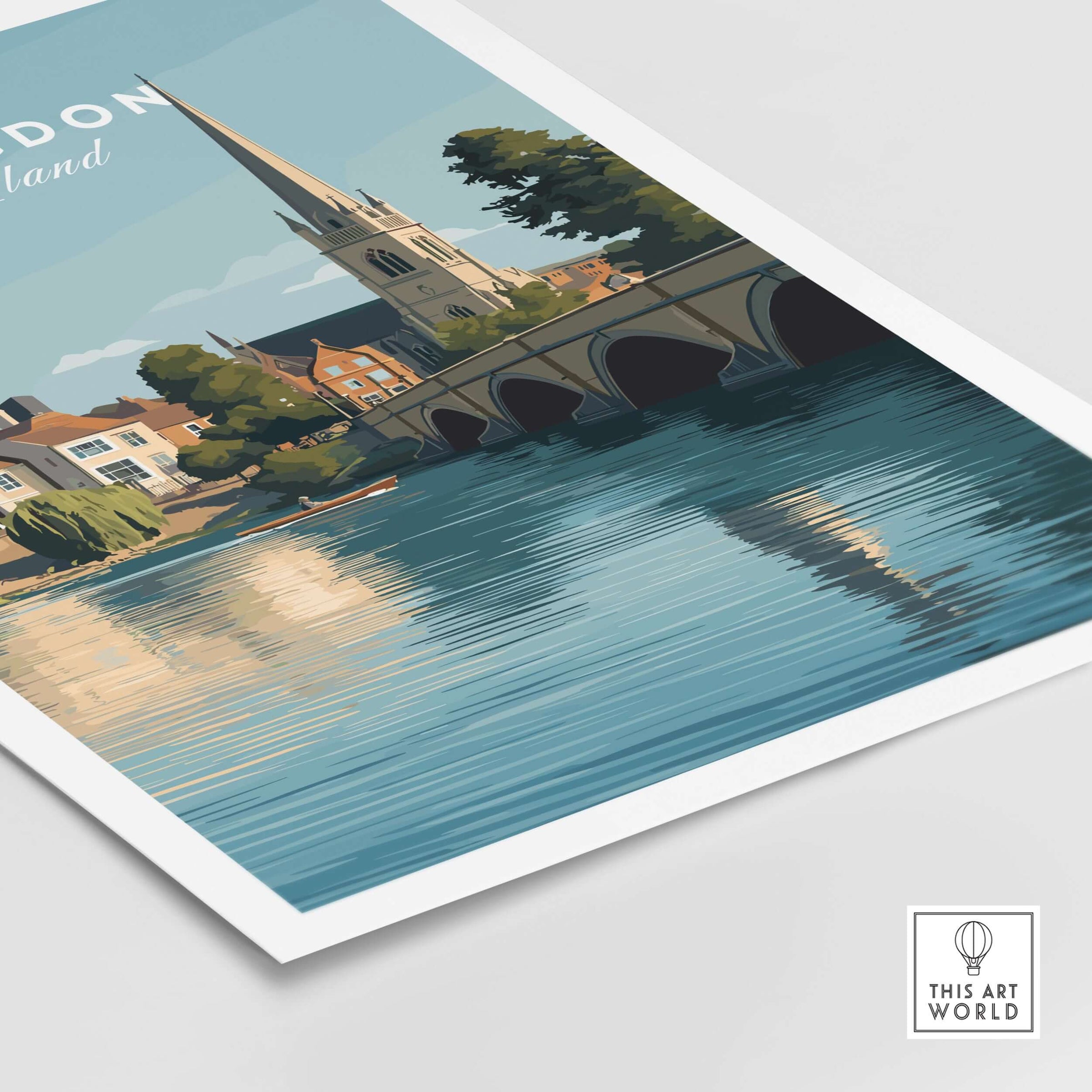 Abingdon England Travel Poster - Historic Thames Riverside Wall Art Print featuring serene waters and historical architecture.
