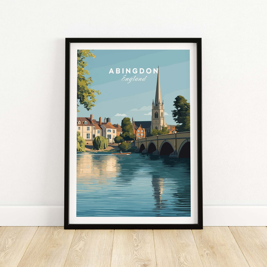 Abingdon England travel poster featuring historic Thames riverside, framed wall art print.