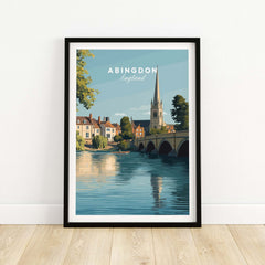 Abingdon England Travel Poster - Historic Thames Riverside Wall Art Print displayed in a stylish frame.