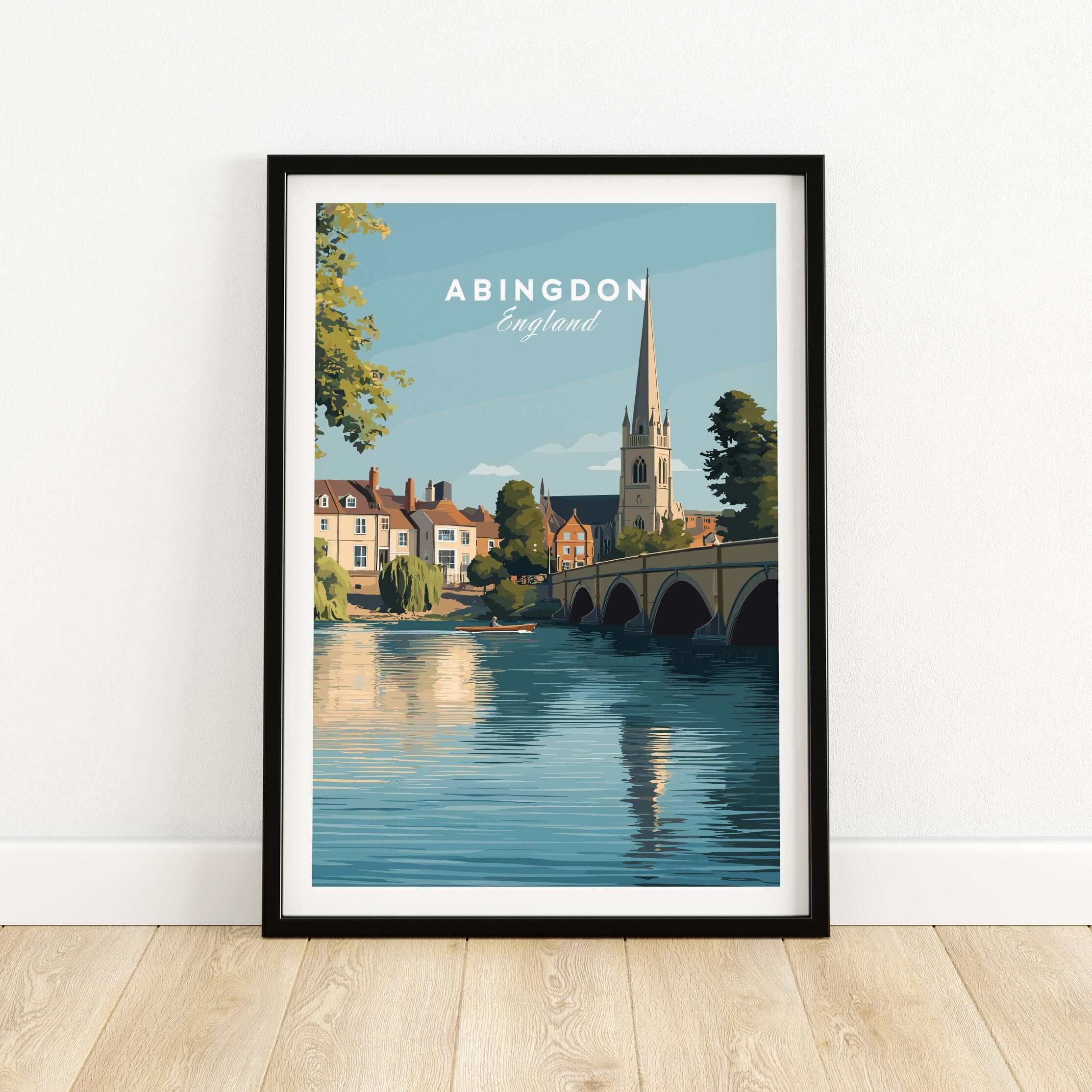 Abingdon England Travel Poster - Historic Thames Riverside Wall Art Print displayed in a stylish frame.