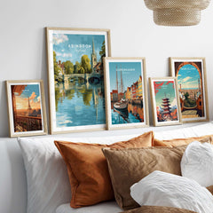 Abingdon England Riverside Print - Historic Town Wall Art Poster displayed with other city prints on a wall.