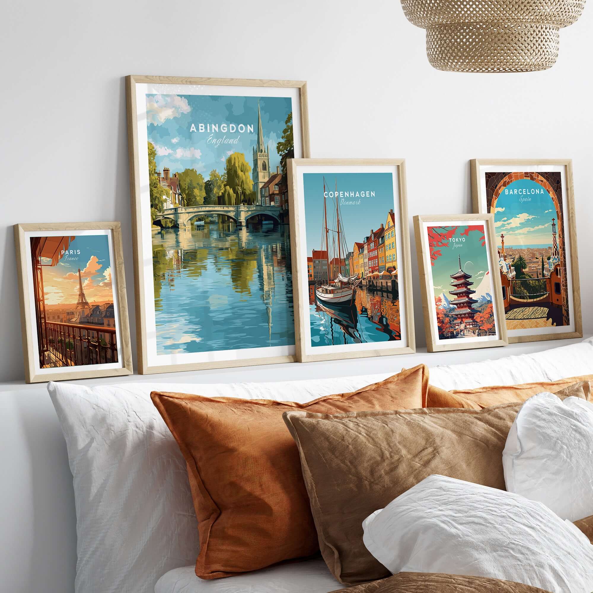 Abingdon England Riverside Print - Historic Town Wall Art Poster displayed with other city prints on a wall.