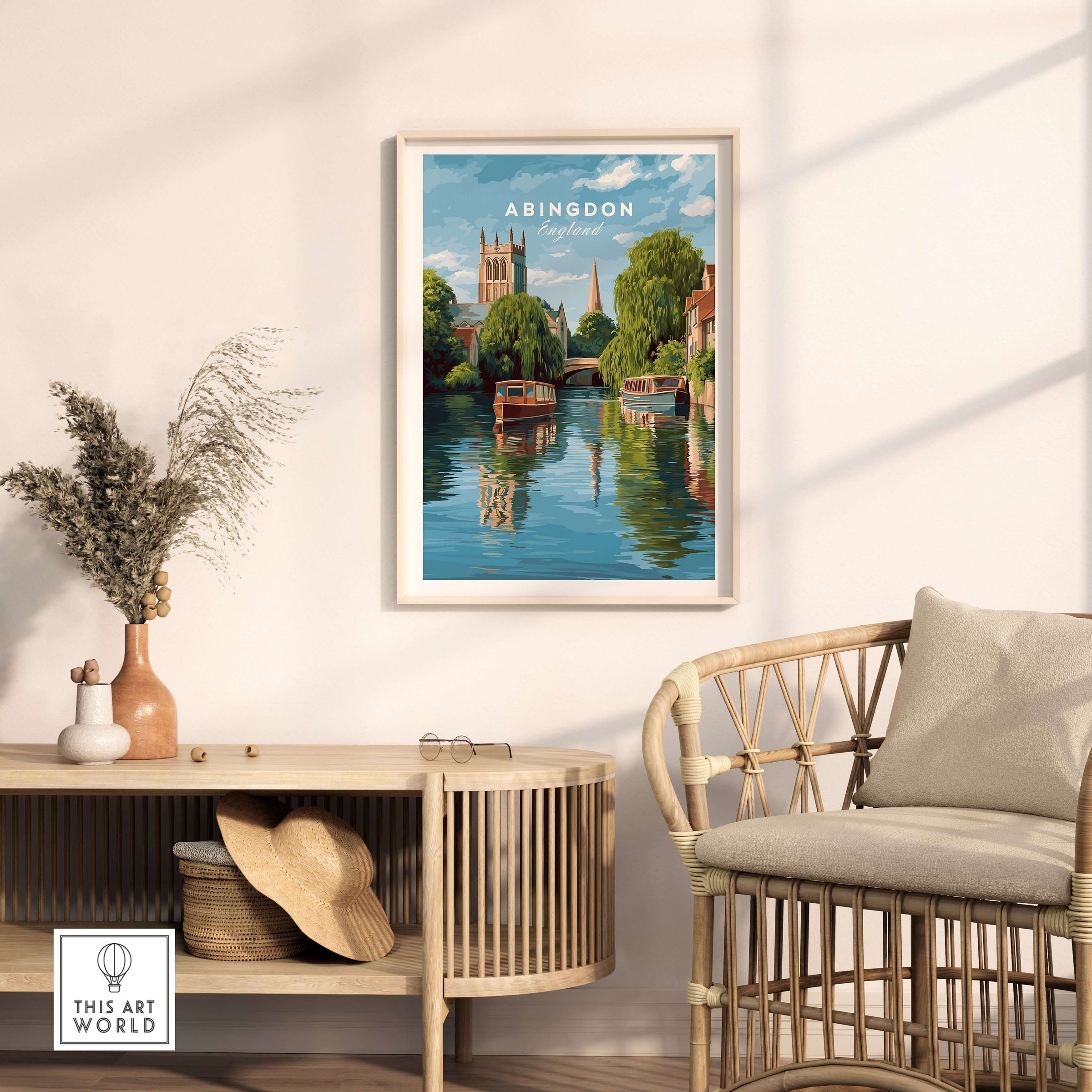 Abingdon England River Boats Art Print - Picturesque Town Poster displayed in a stylish living room.