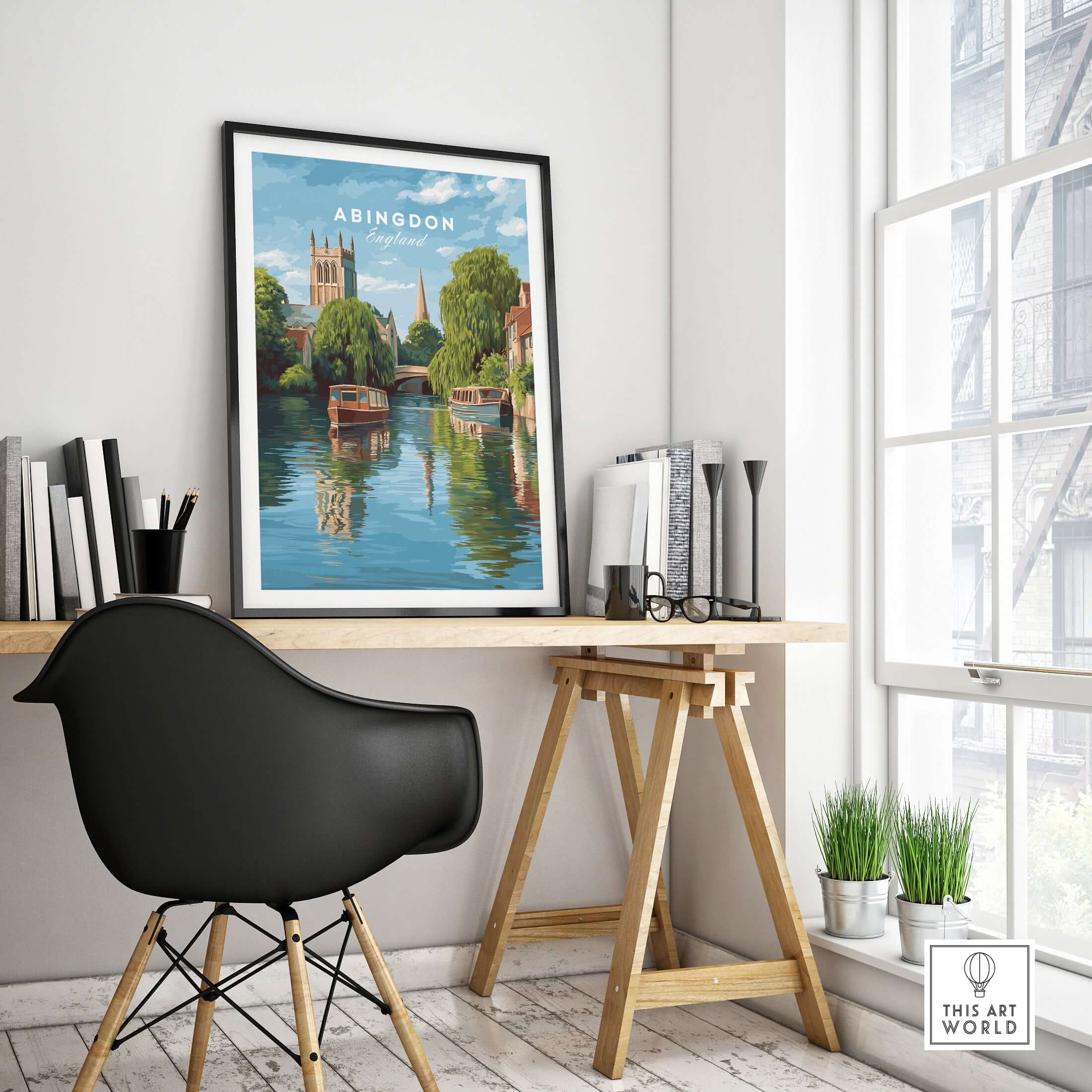 Abingdon England River Boats Art Print - Picturesque Town Poster displayed in a stylish office setting.