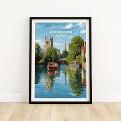 Abingdon England River Boats Art Print - Picturesque Town Poster showcasing a serene riverside with boats and lush greenery.