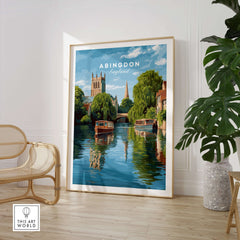 Abingdon England River Boats Art Print - Picturesque Town Poster showcasing river boats and town at the riverside.