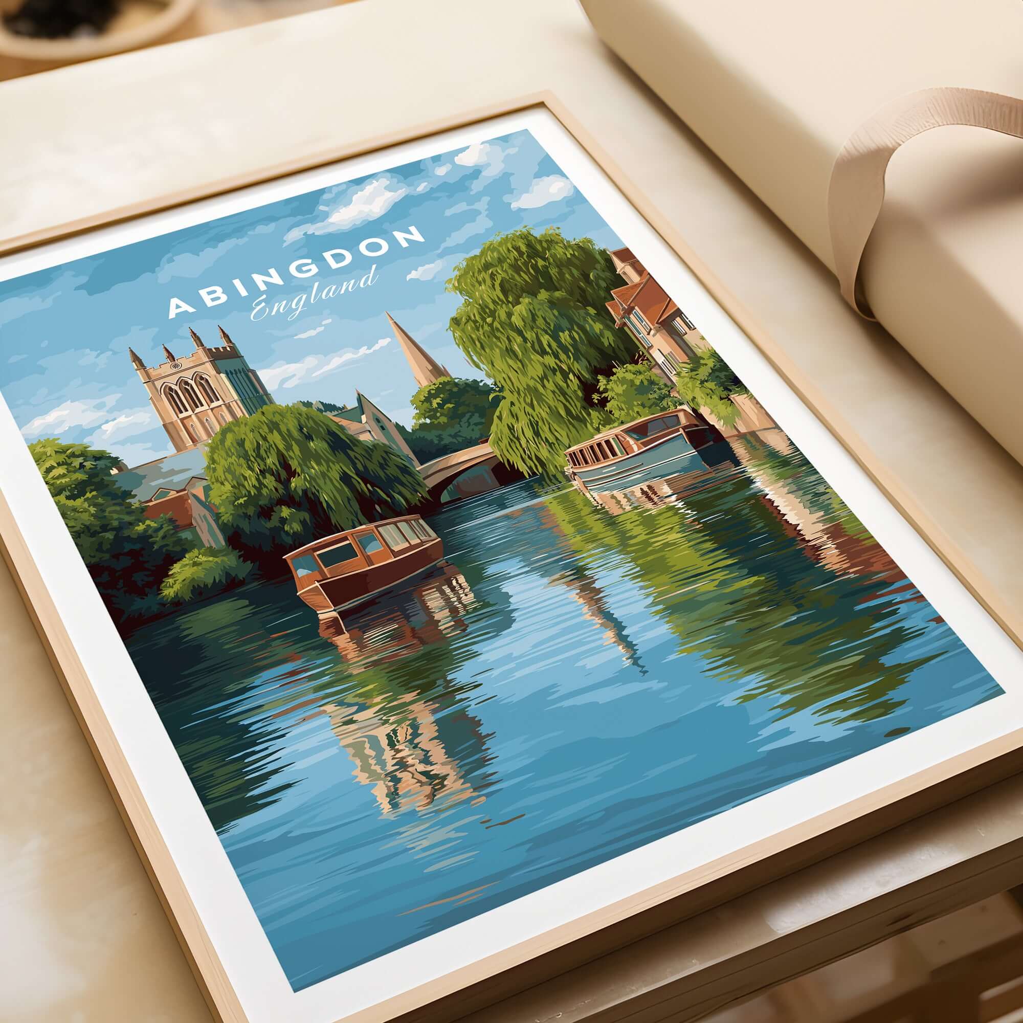 Abingdon England River Boats Art Print - Picturesque Town Poster featuring serene riverside views.