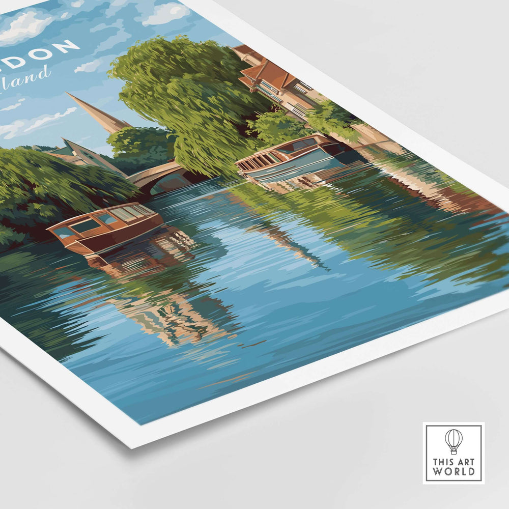 Abingdon England river boats art print showcasing a picturesque town by the river, reflecting serene charm and scenic beauty.