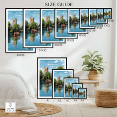 Abingdon England River Boats Art Print - Picturesque Town Poster size guide showcasing various frame sizes.
