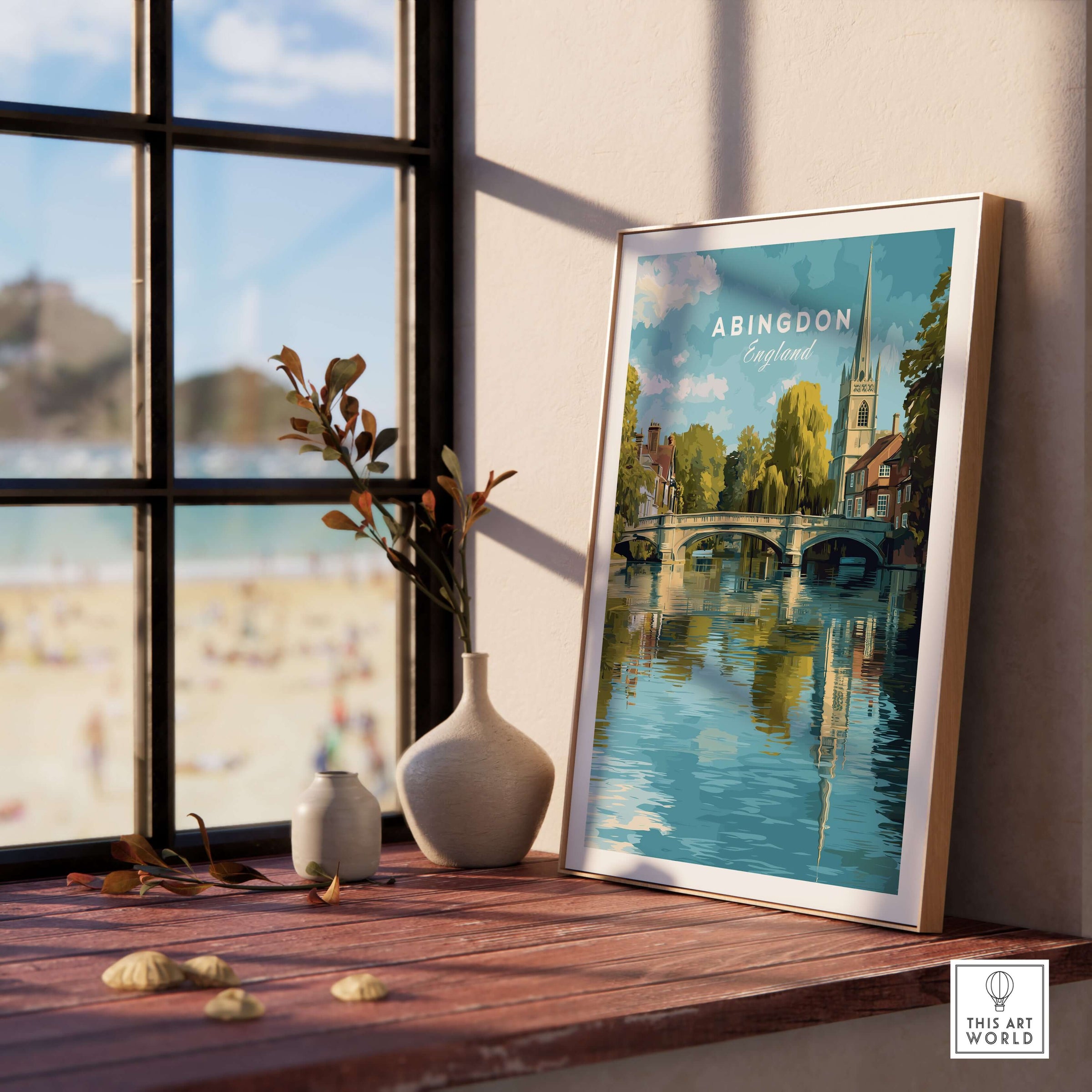Abingdon England Riverside Print - Historic Town Wall Art Poster displayed in a sunlit room, highlighting its artistic charm.