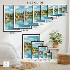 Abingdon England Riverside Print - Historic Town Wall Art Poster size guide showing available frame sizes.