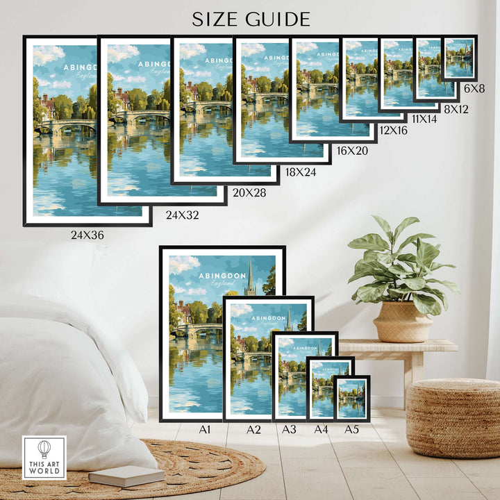 Abingdon England Riverside Print size guide showing various frame sizes and a stylish interior setting.