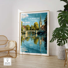 Abingdon England Riverside Print - Historic Town Wall Art Poster displayed in a cozy room with plants and modern decor.