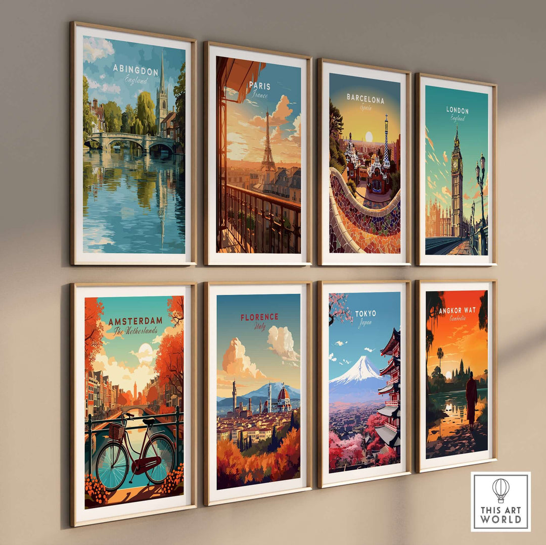 Gallery wall showcasing vibrant travel art prints including Abingdon, Paris, Barcelona, and more.