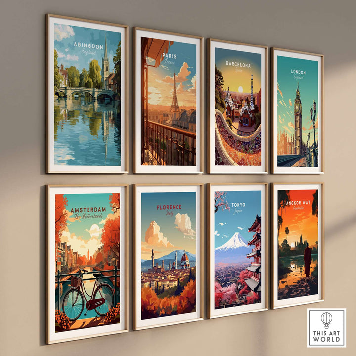 Gallery wall showcasing vibrant travel art prints including Abingdon, Paris, Barcelona, and more.