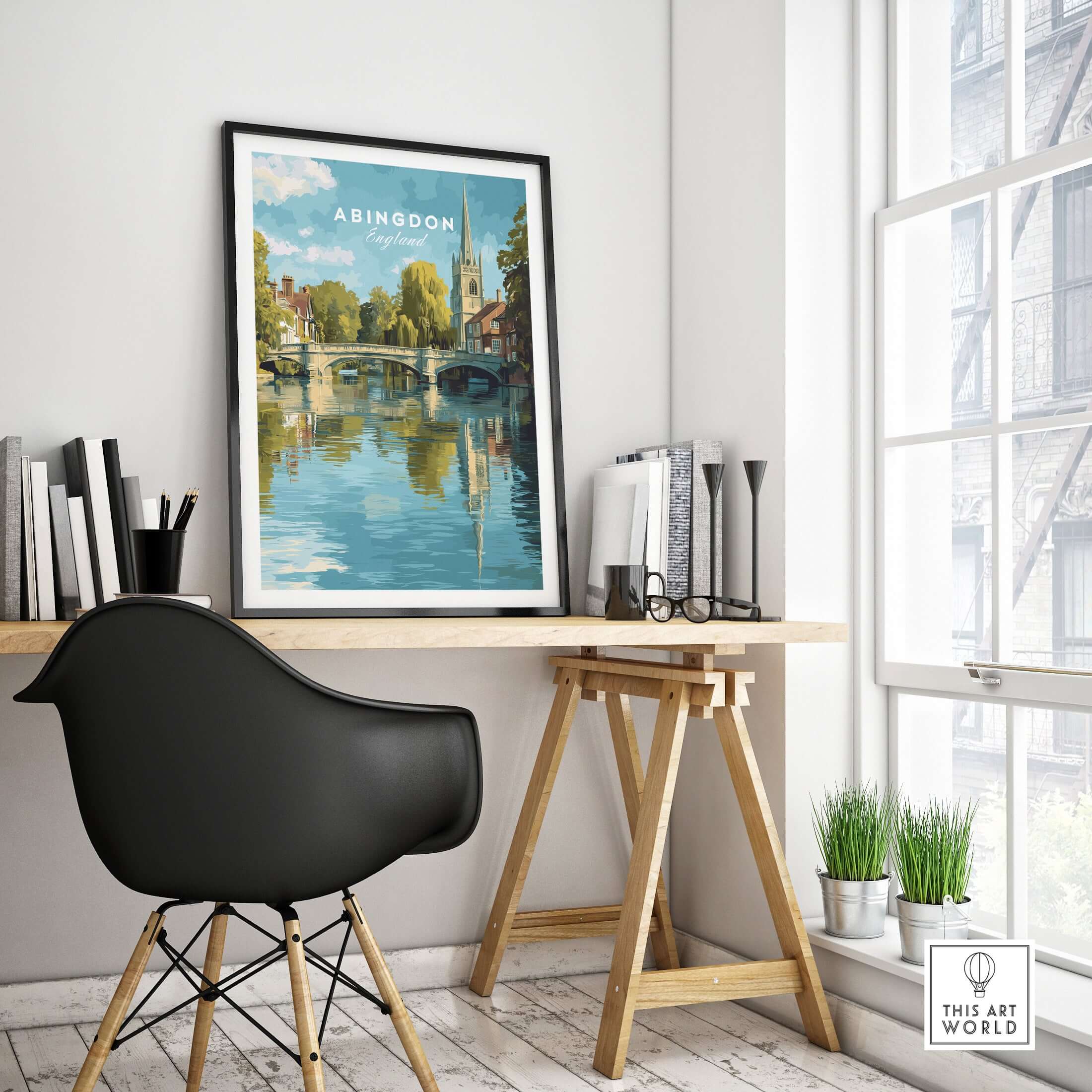 Abingdon England Riverside Print - Historic Town Wall Art Poster displayed in a modern home office setting.