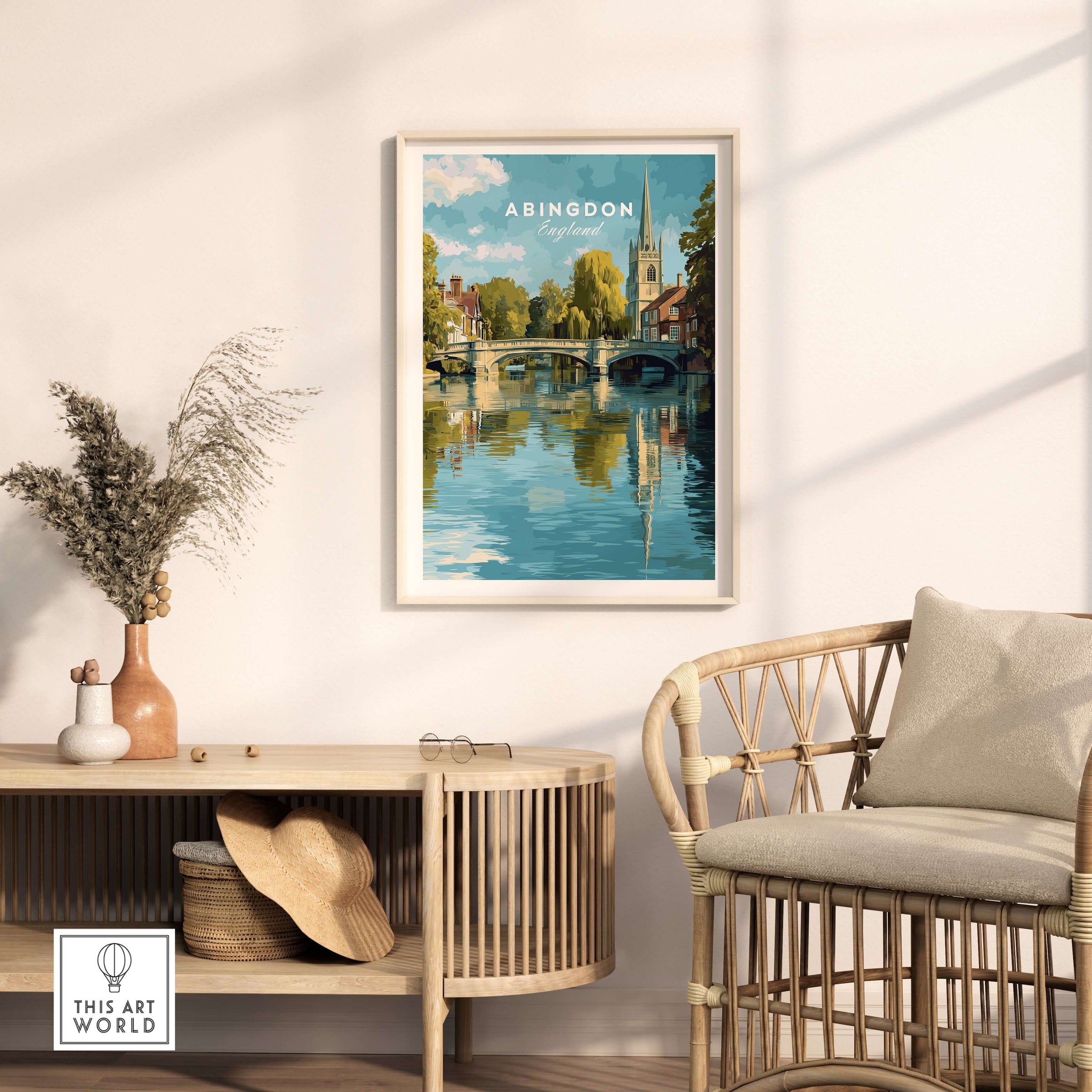 Abingdon England Riverside Print - Historic Town Wall Art Poster displayed in a stylish living room setting.