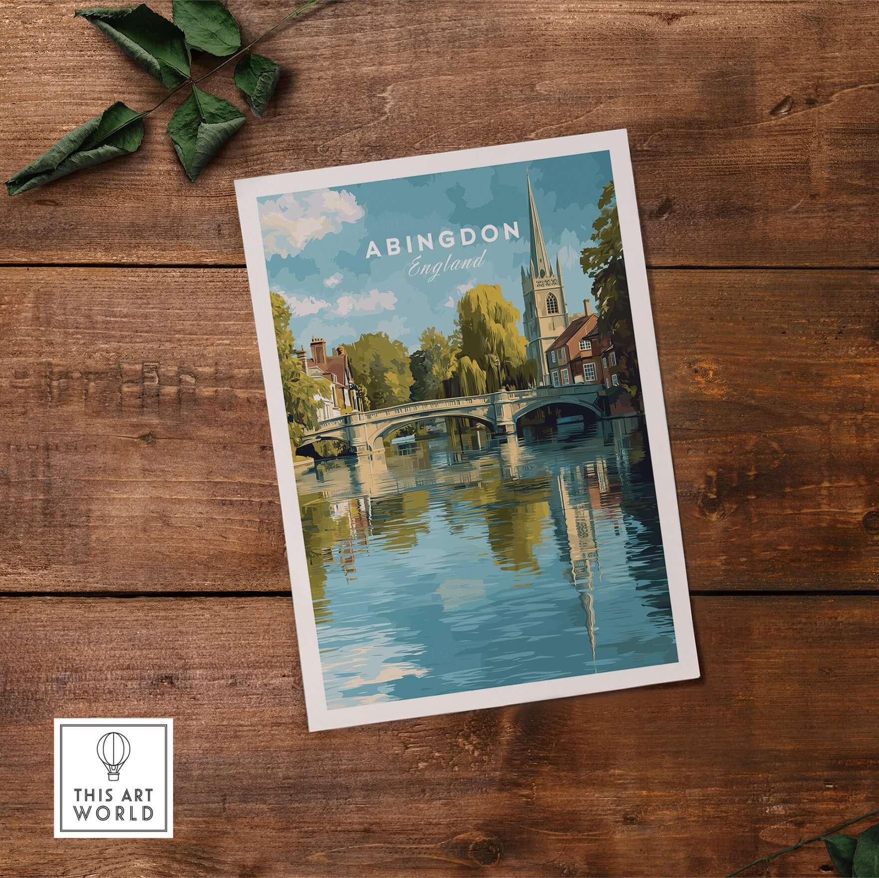Abingdon England Riverside Print - Historic Town Wall Art Poster showcasing scenic river view and historic architecture.