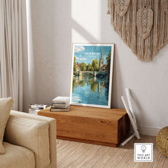 Abingdon England Riverside Print - Historic Town Wall Art Poster displayed in a modern living room setting.