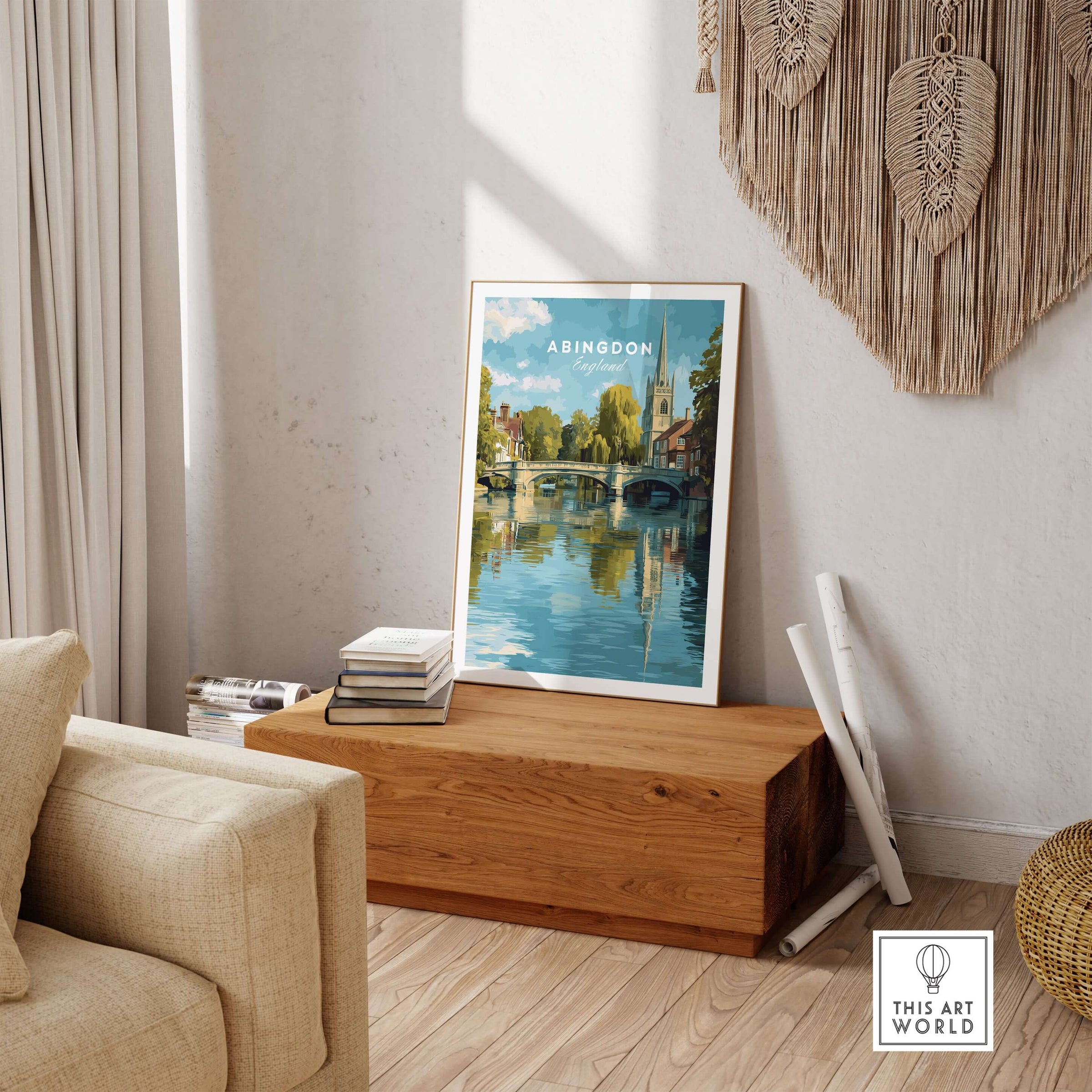 Abingdon England Riverside Print - Historic Town Wall Art Poster displayed in a modern living room setting.