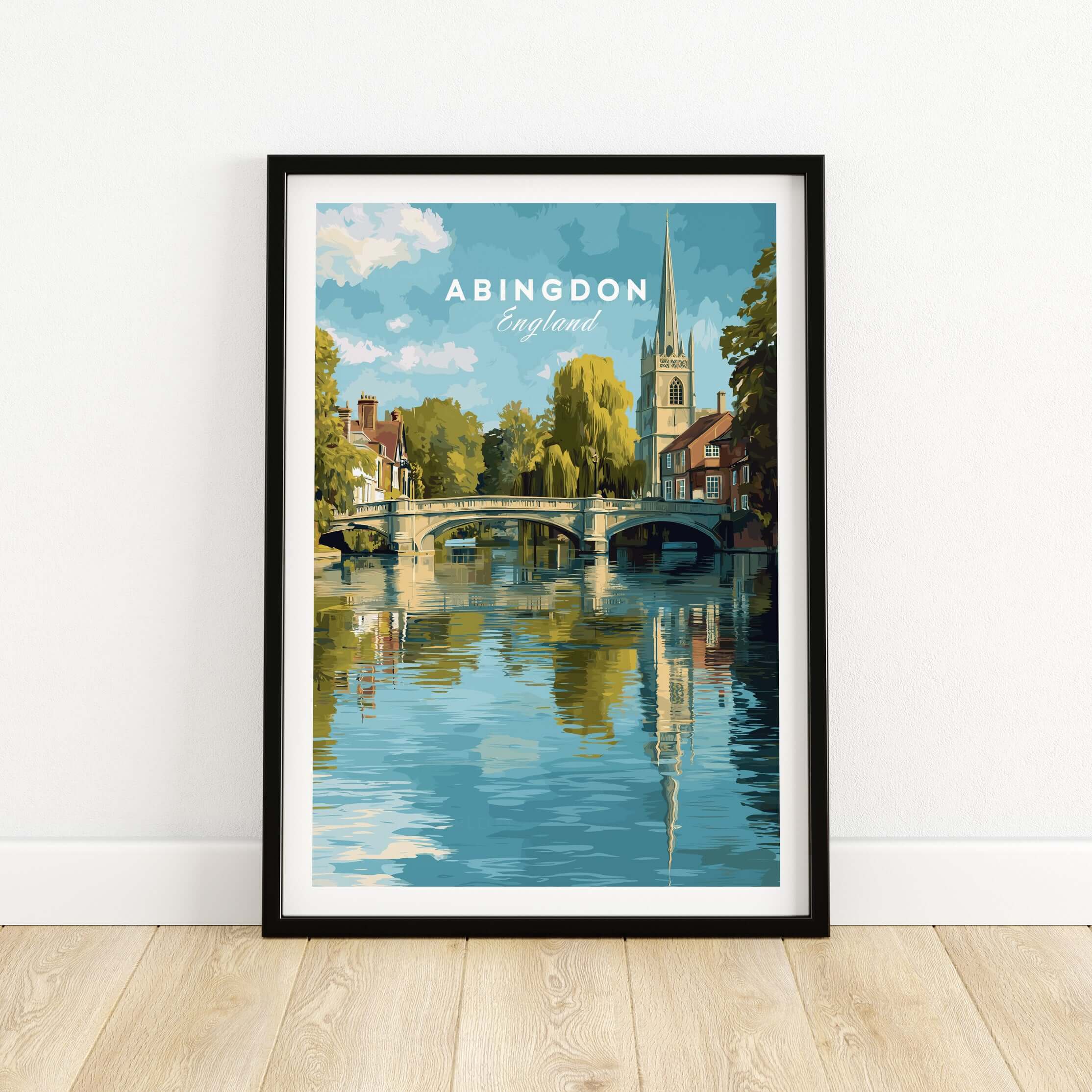 Abingdon England Riverside Print - Historic Town Wall Art Poster featuring a picturesque river scene.
