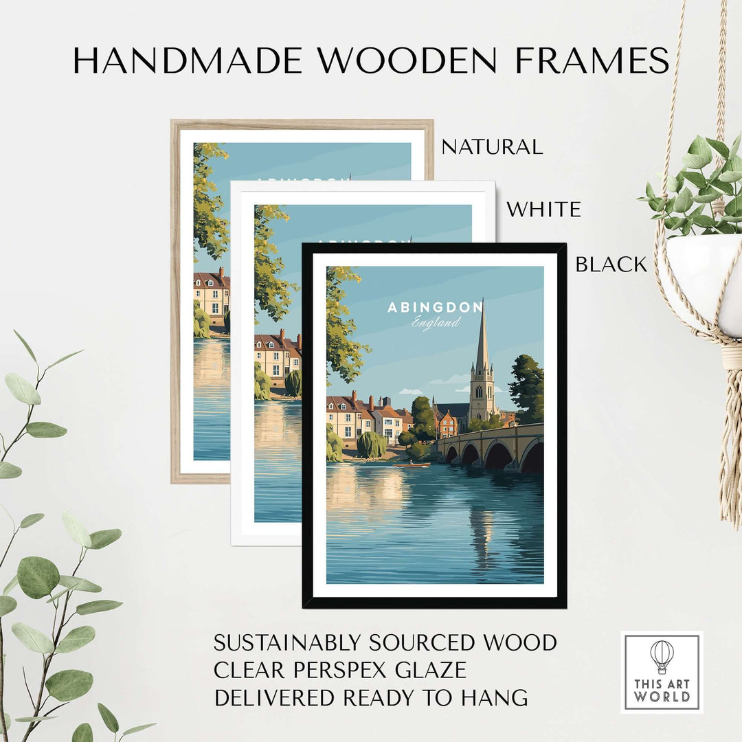 Three handmade wooden frames in natural, white, and black displaying the Abingdon England travel poster.