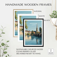Abingdon England Travel Poster - Historic Thames Riverside Wall Art Print framed in handmade wooden frames in natural, white, and black.
