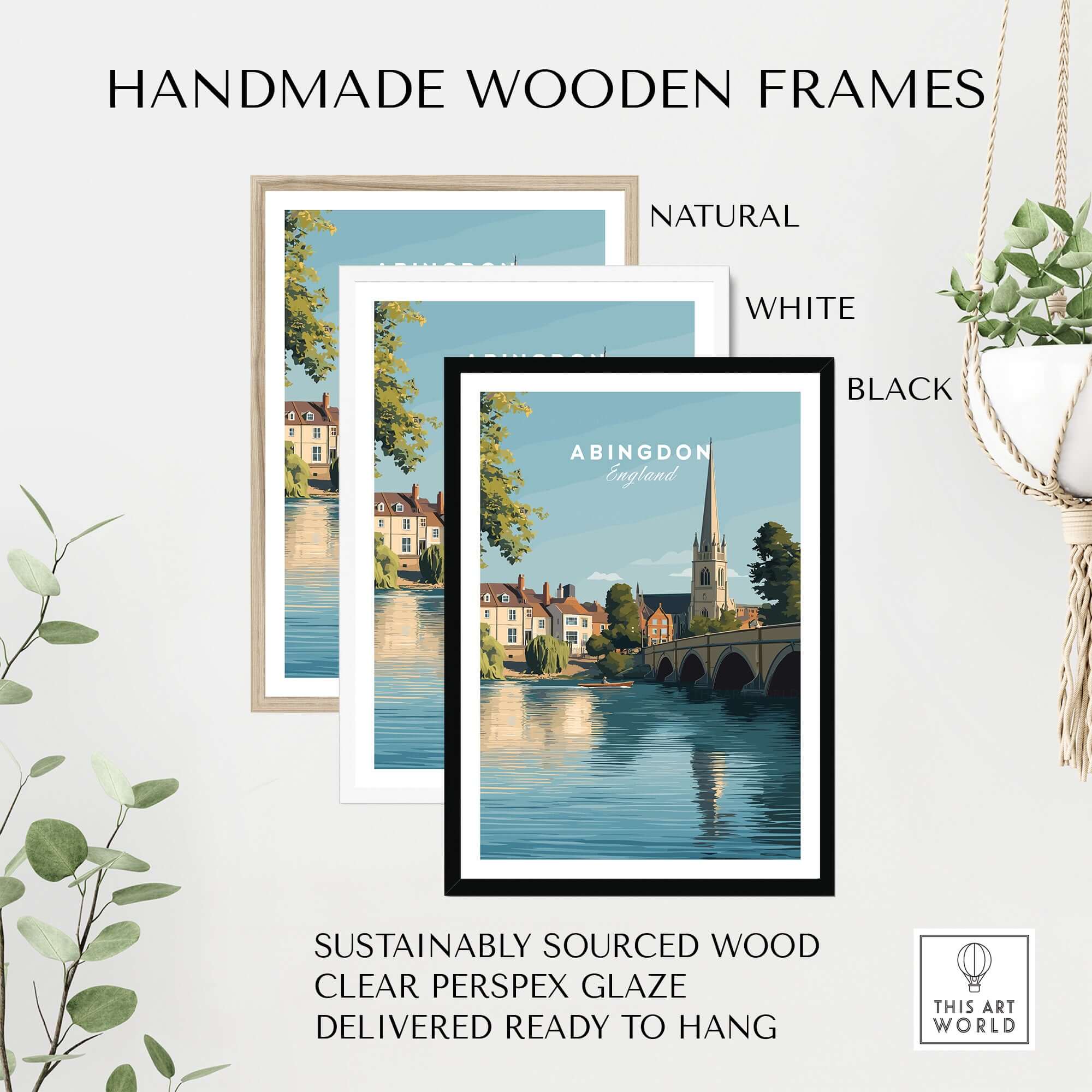 Abingdon England Travel Poster - Historic Thames Riverside Wall Art Print framed in handmade wooden frames in natural, white, and black.