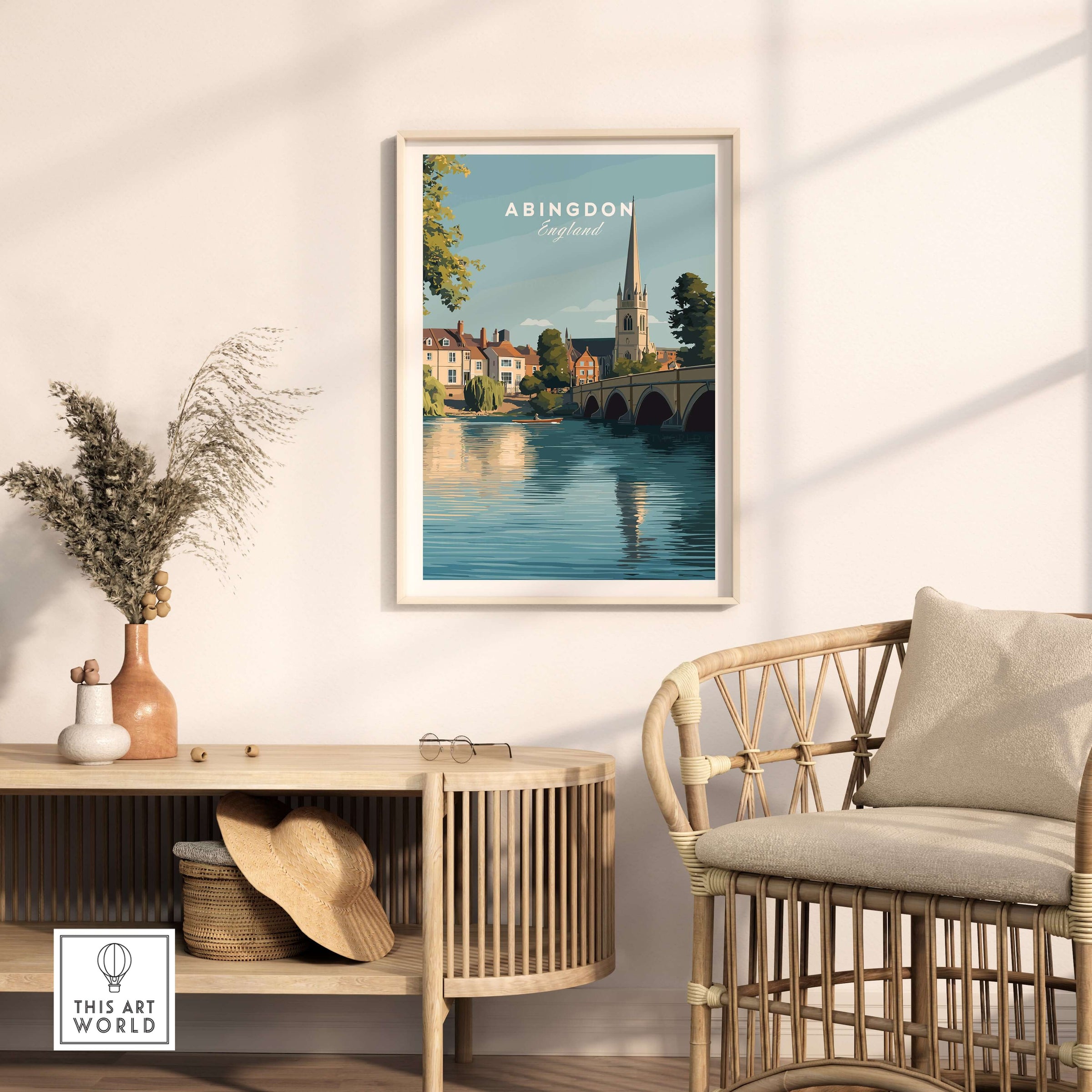 Abingdon England Travel Poster - Historic Thames Riverside Wall Art Print displayed in a stylish living room setting.