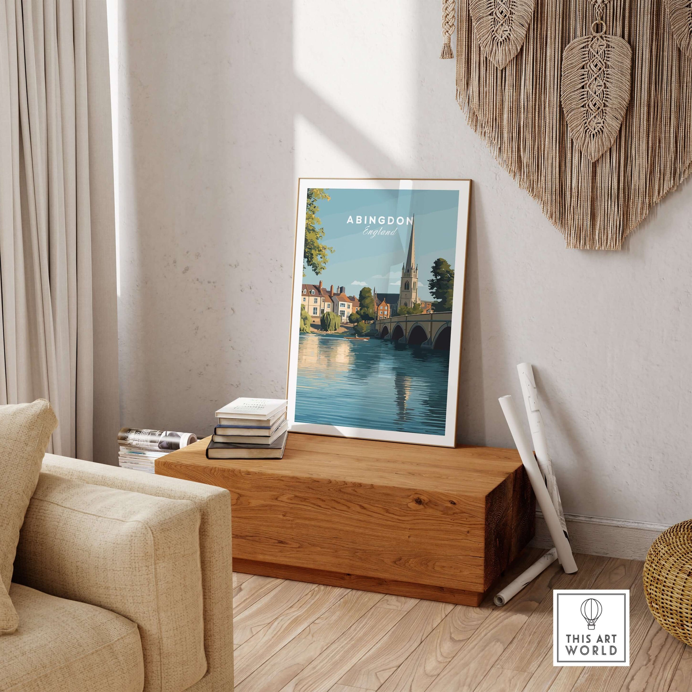 Abingdon England Travel Poster - Historic Thames Riverside Wall Art Print displayed in a stylish interior setting
