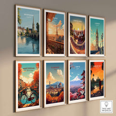 Abingdon England Travel Poster - Historic Thames Riverside Wall Art Print displayed among other city travel posters.