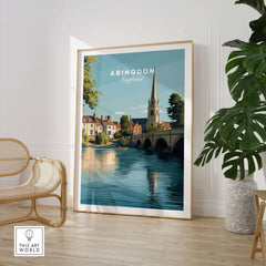 Abingdon England Travel Poster - Historic Thames Riverside Wall Art Print displayed in a stylish room with natural decor.