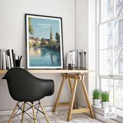 Abingdon England Travel Poster - Historic Thames Riverside Wall Art Print displayed in a stylish modern room with a desk.