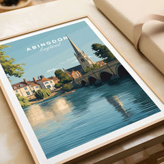 Abingdon England Travel Poster - Historic Thames Riverside Wall Art Print featuring a picturesque riverside view.
