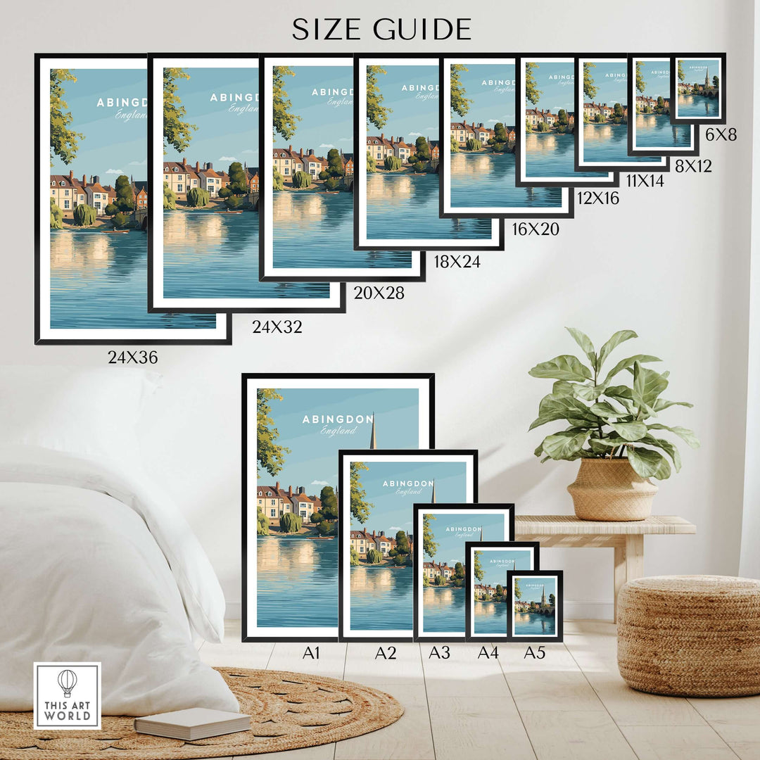 Size guide for Abingdon England travel poster prints showing various frame sizes and a serene riverside view.