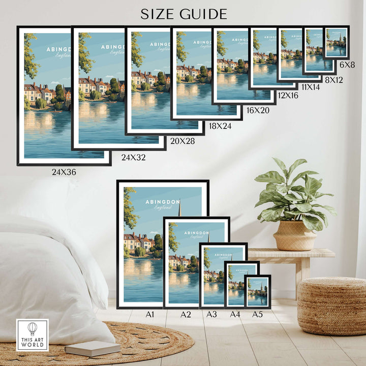 Size guide for Abingdon England travel poster prints showing various frame sizes and a serene riverside view.