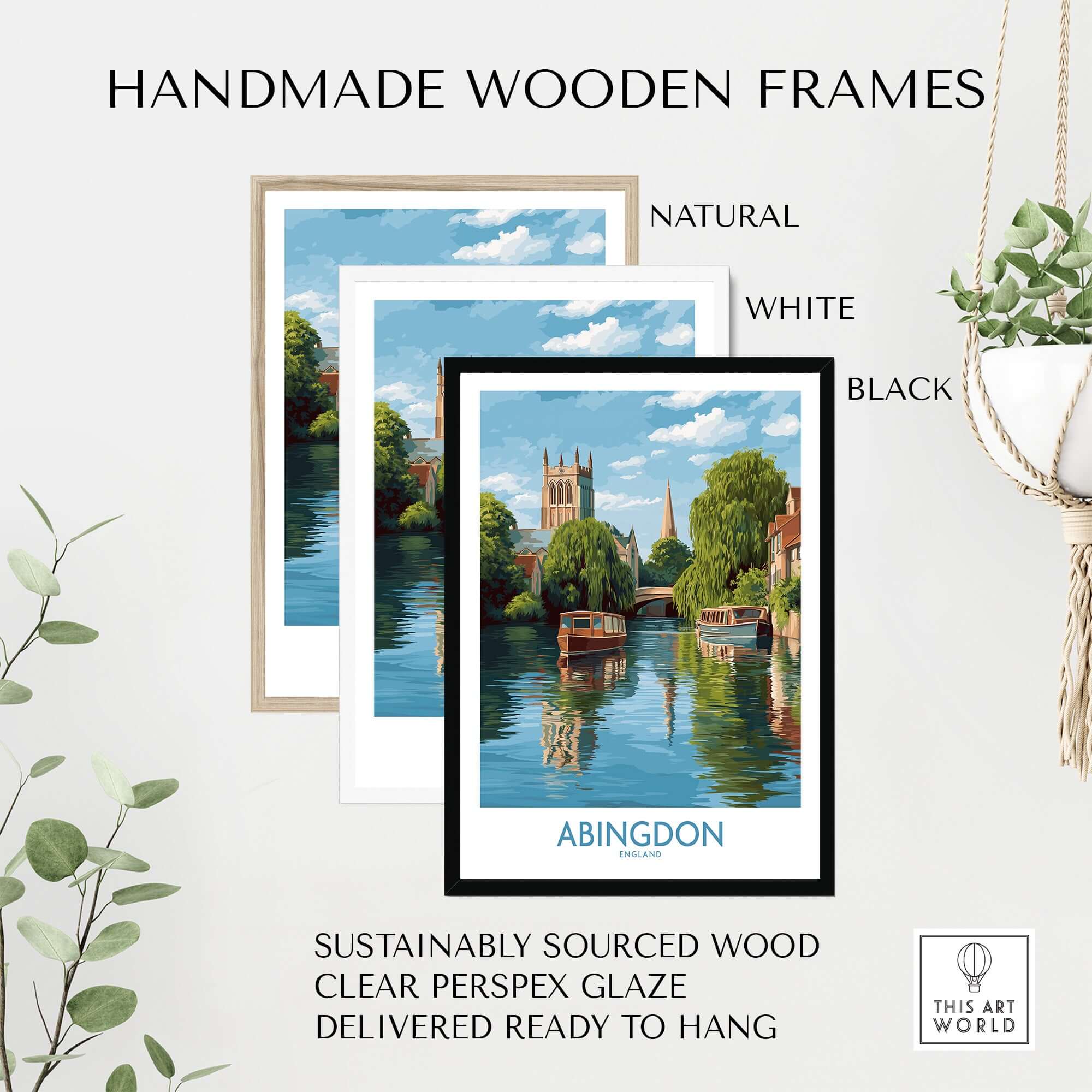 Abingdon Oxfordshire Landscape Wall Art - Historic British Scene with handmade wooden frames in natural, white, and black.