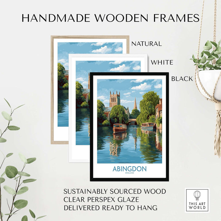 Handmade wooden frames in natural, white, and black for Abingdon landscape wall art, crafted from sustainably sourced wood.