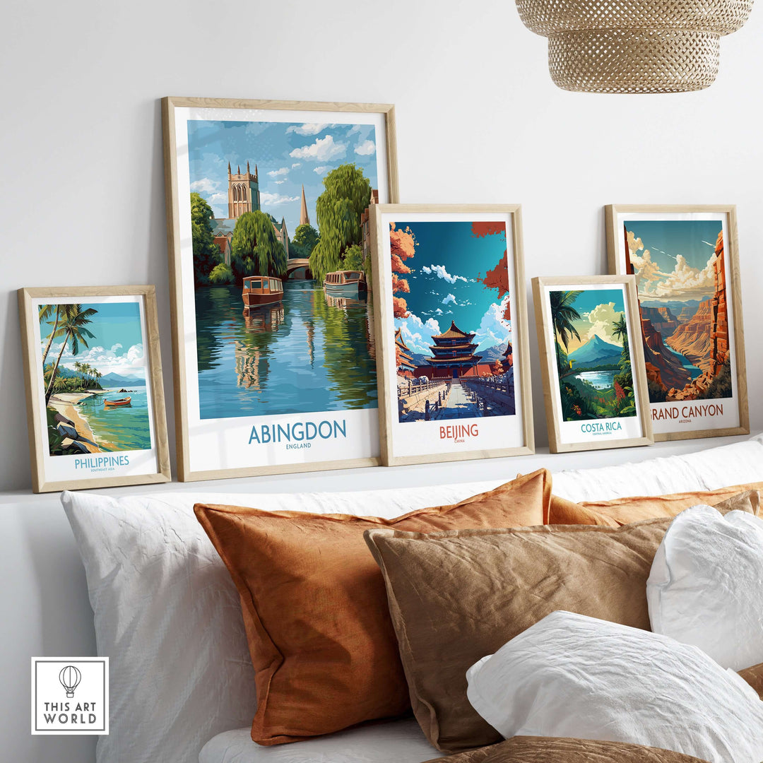 Collection of landscape wall art featuring Abingdon, Beijing, Costa Rica, and the Grand Canyon in a stylish interior setting.