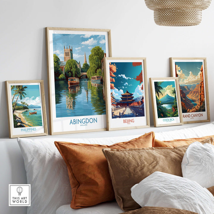 Collection of landscape wall art featuring Abingdon, Beijing, Costa Rica, and the Grand Canyon in a stylish interior setting.