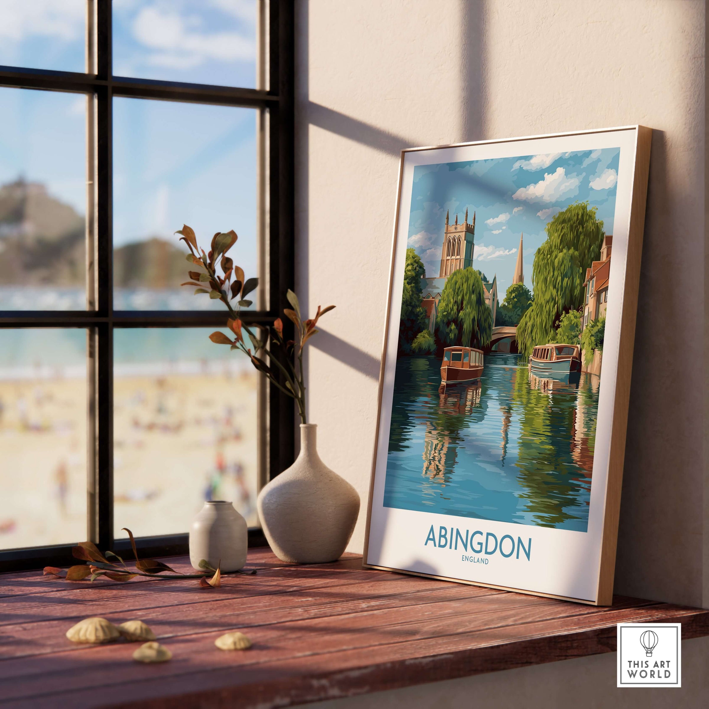 Abingdon Oxfordshire Landscape Wall Art - Historic British Scene framed on a wooden table by a bright window.