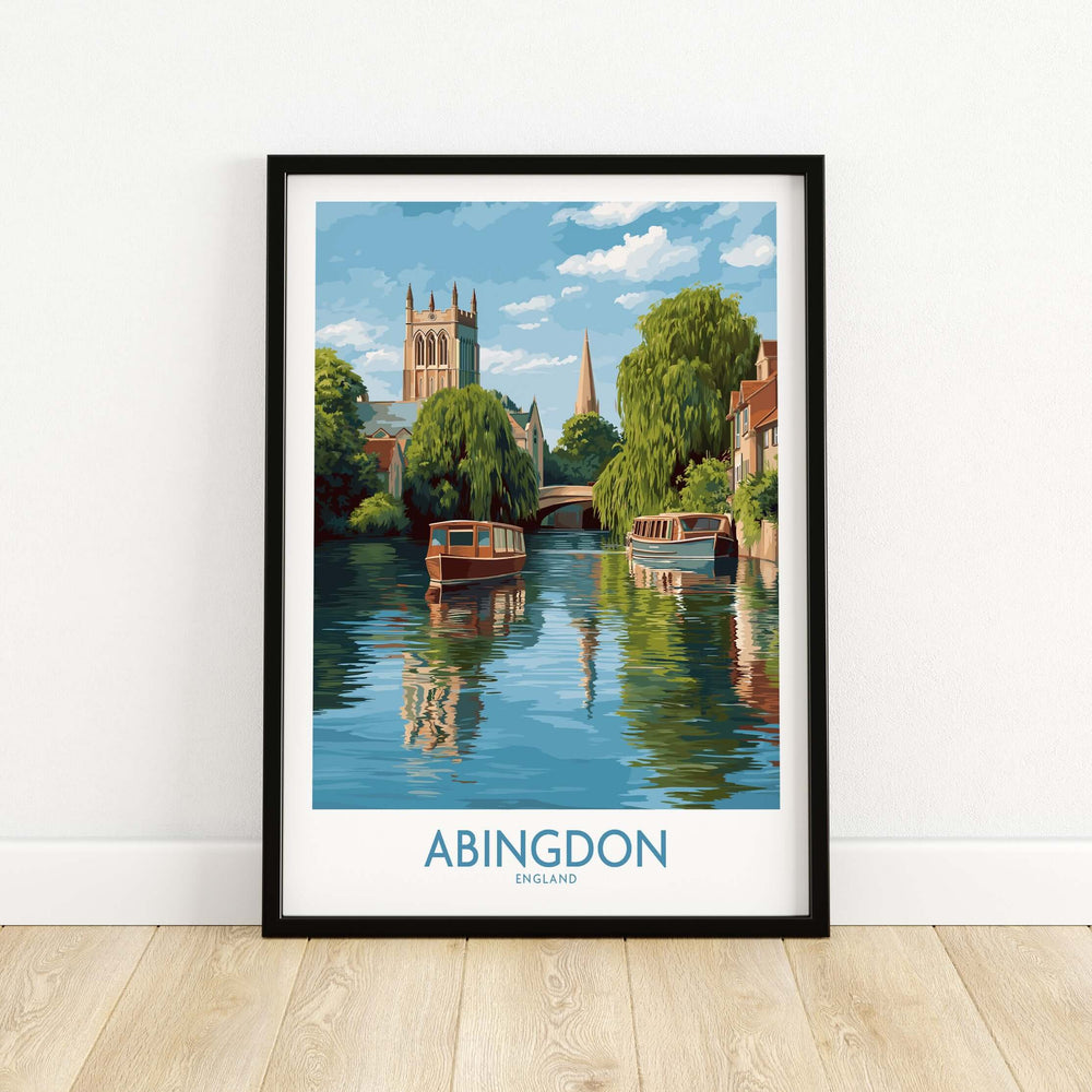 Abingdon Oxfordshire landscape wall art featuring boats on a serene river with historic buildings in the background.