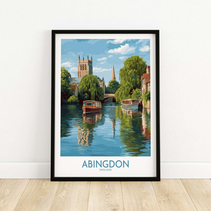 Abingdon Oxfordshire landscape wall art featuring boats on a serene river with historic buildings in the background.