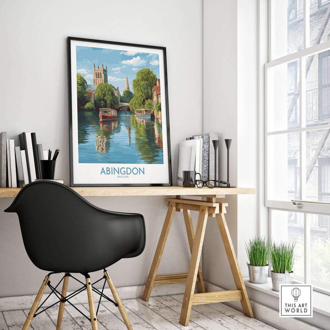 Framed Abingdon Oxfordshire landscape wall art in a modern office, showcasing historic British scenery.