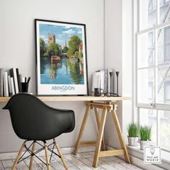 Abingdon Oxfordshire Landscape Wall Art - Historic British Scene displayed in a modern interior with a stylish desk.