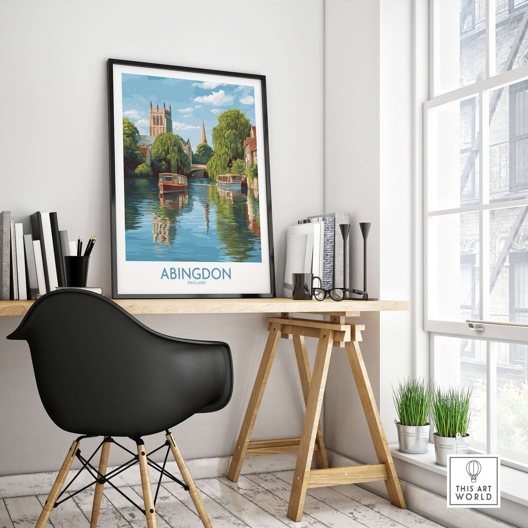 Abingdon Oxfordshire Landscape Wall Art - Historic British Scene displayed in a modern interior with a stylish desk.
