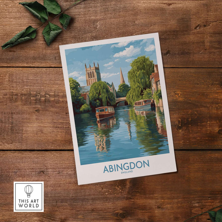 Abingdon Oxfordshire landscape wall art depicting boats on a river with historic buildings in the background.
