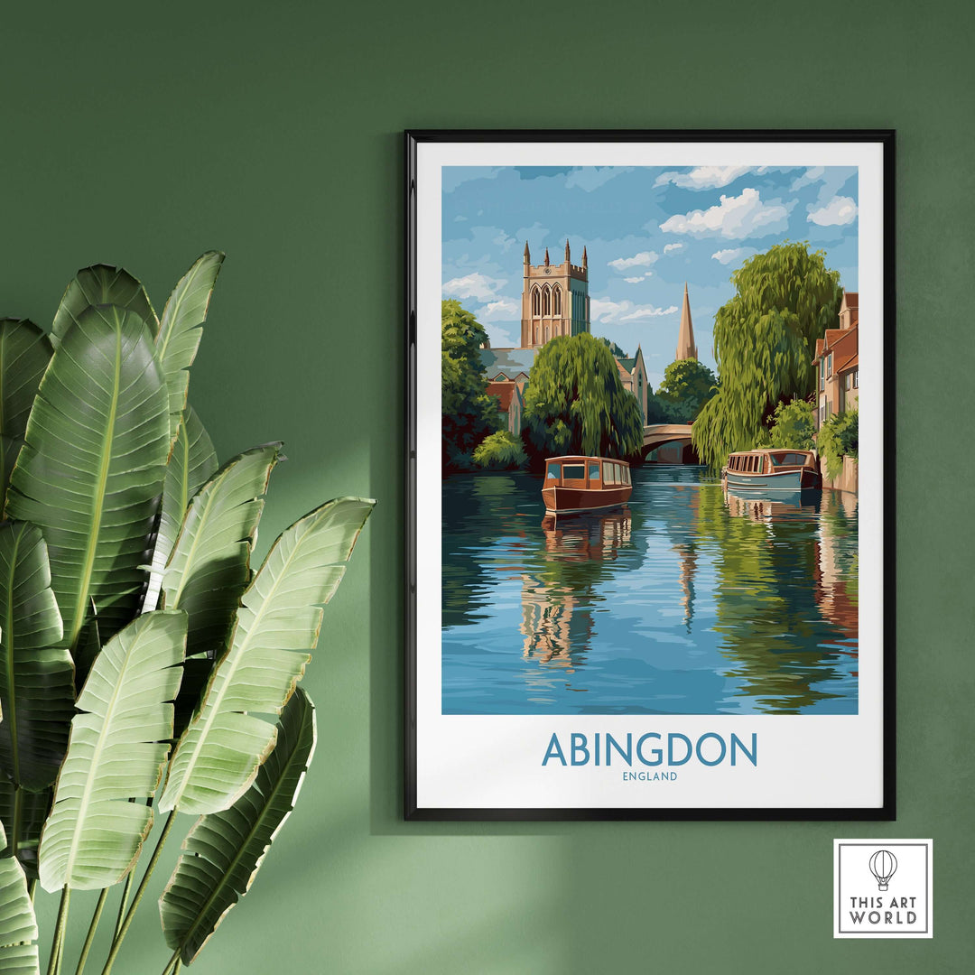 Abingdon Oxfordshire landscape wall art featuring historic British scene with rivers, boats, and church in vibrant colors.