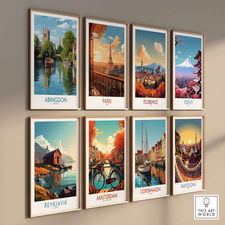 Collection of landscape wall art featuring cities like Abingdon, Paris, Florence, Tokyo, and more.