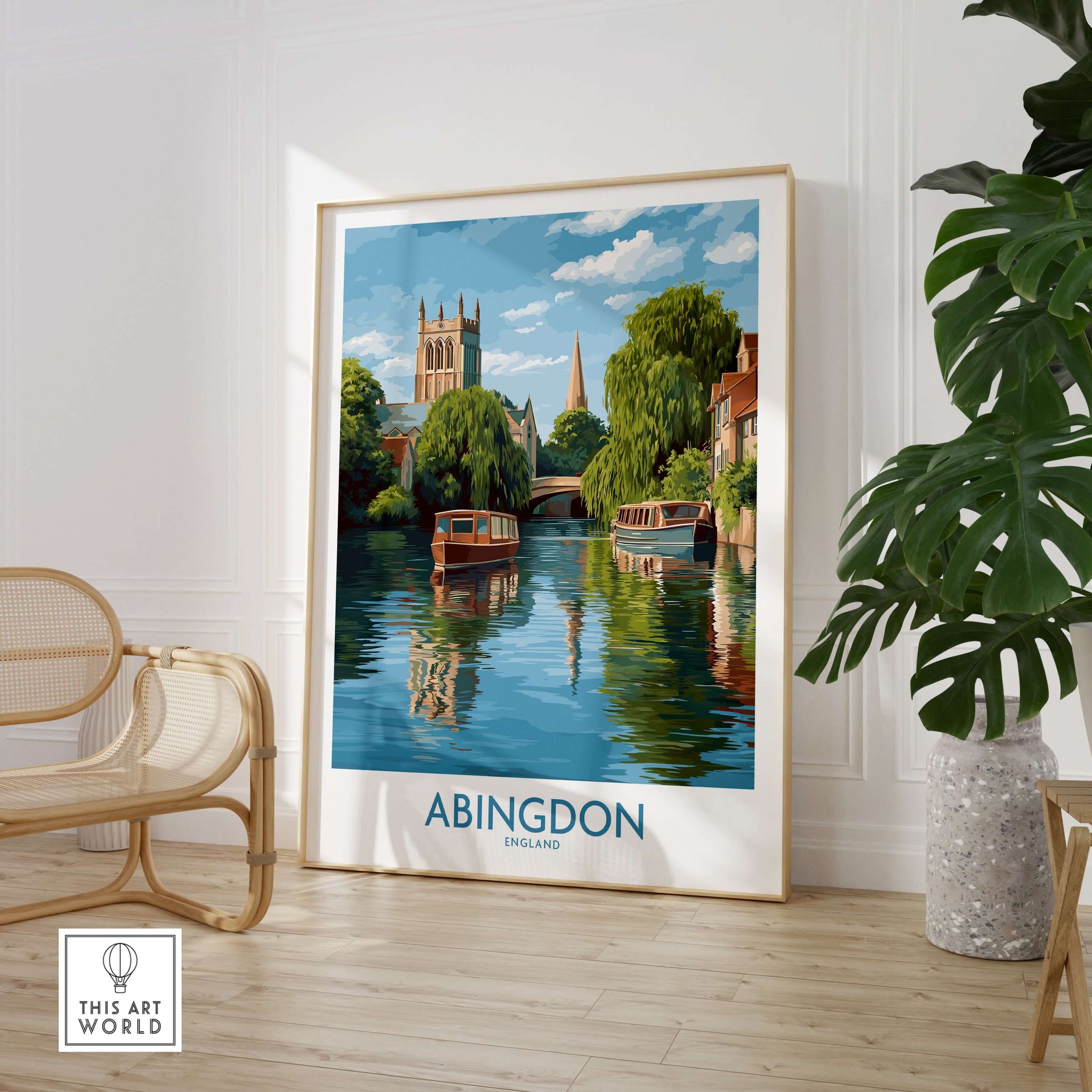 Abingdon Oxfordshire Landscape Wall Art - Historic British Scene displayed in a modern room with greenery.